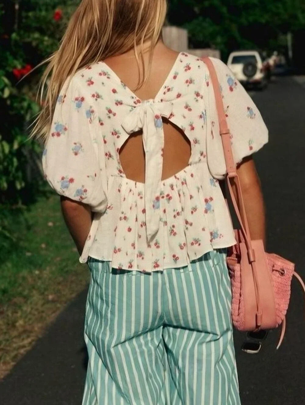 Free People Chloe Floral Puff Sleeve Tie Back Blouse Cotton Gauze White P/S